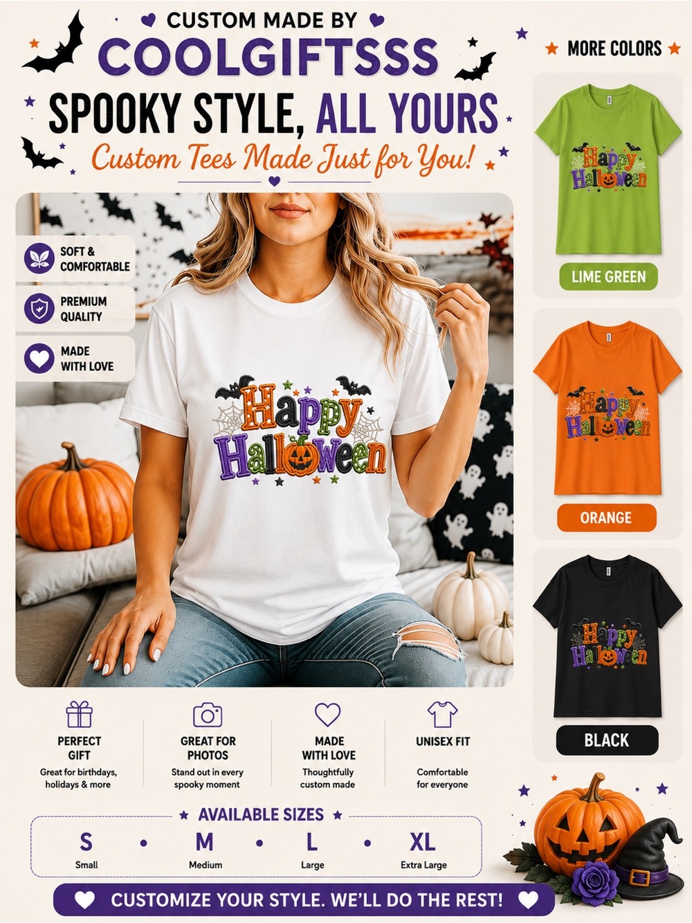 Happy Halloween Graphic Tee S M L XL New pick a color custom designed